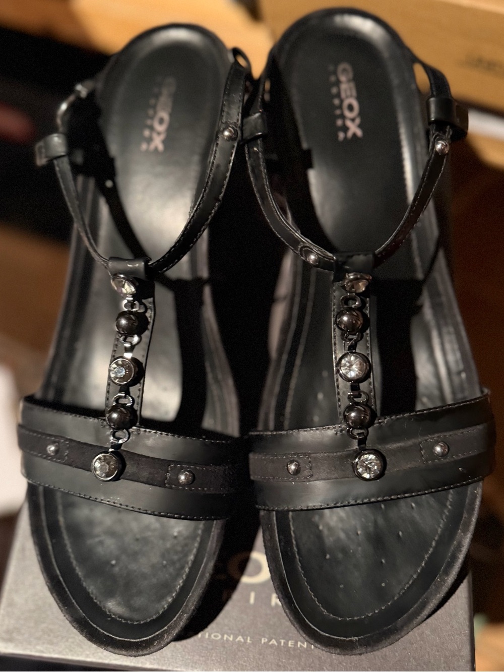 Geox Black T-Strap Jeweled Wedged Heel, Ankle strap